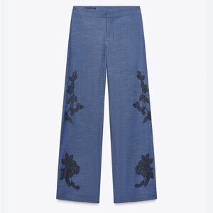 Zara Blue Pants with Black Floral Embroidery